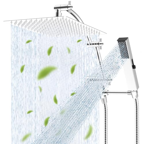 Square 12-Inch Metal Rain Shower Head with Handheld Sprays & Extension Arm - Chrome
