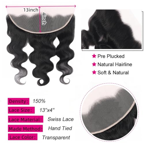 14 Inch Natural Black Lace Frontal Closure Body Wave Human Hair Extensions - Pre-Plucked HD Lace, Unprocessed Brazilian Virgin Hair
