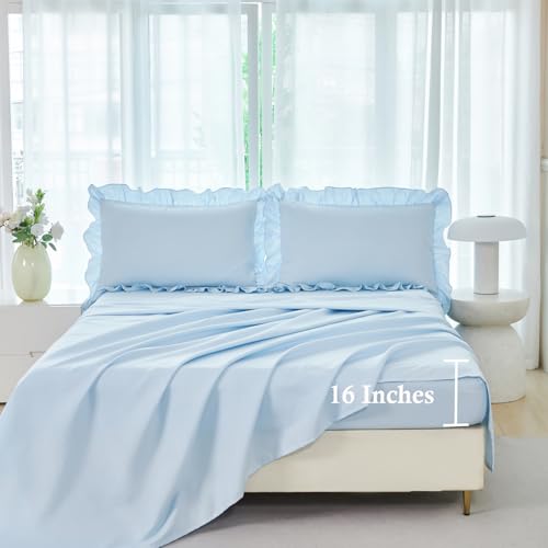 ANGIYUIN Light Blue Queen Comforter Set 5Pcs Ruffle Bedding Vintage Farmhouse Bed in a Bag for Girls Women
