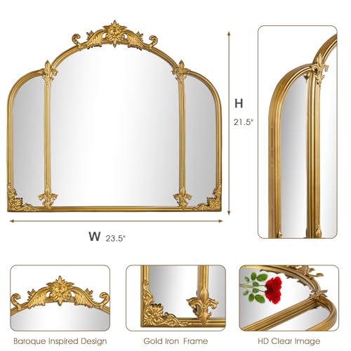 Gold Arch Wall Mirror - Vintage Ornate Baroque Frame, 24x22 Inches - Gold / Gold-01