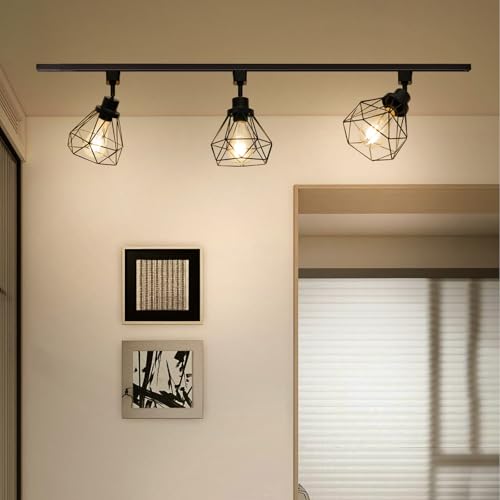 E26 Track Lighting Heads with Metal Cage - Adjustable 4-Light Black Fixture