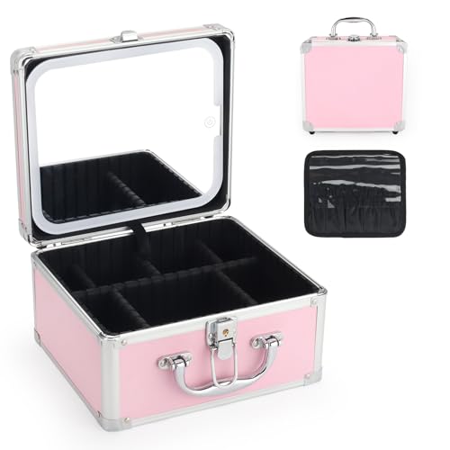 HAISKY Icy Pink Makeup Case with LED Mirror, Lockable Portable Vanity Organizer