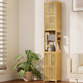Tall Bathroom Storage Cabinet - Bamboo with Rattan Doors, Adjustable Shelves, Natural Color, 70 Inch