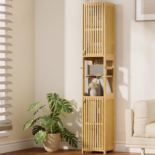 Tall Bathroom Storage Cabinet - Bamboo with Rattan Doors, Adjustable Shelves, Natural Color, 70 Inch