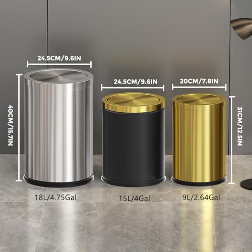 18L Stainless Steel Bathroom Trash Can - Gold Round Waste Bin with Swing Lid - Variation of 18L-Gold