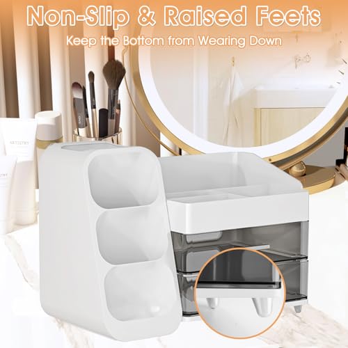 Makeup Organizer with Brush Holder for Vanity, Countertop Organizer with Drawers, Skincare Cosmetic Display Case for Beauty Essentials, Women Bathroom Make up Storage Solution for Dresser Counter