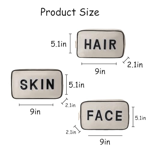 Black Hair Skin Face 3Pcs Canvas Makeup Bag Set - Chenille Letter Organizer