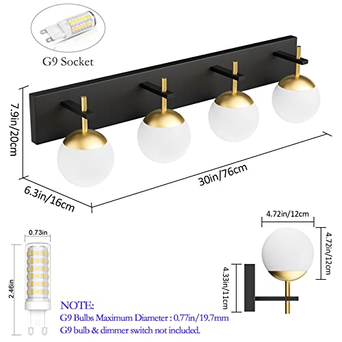 Mid Century Modern Vanity Lights - 4-Light Milky Glass Globe Wall Fixture - Black & Gold, 30 Inch