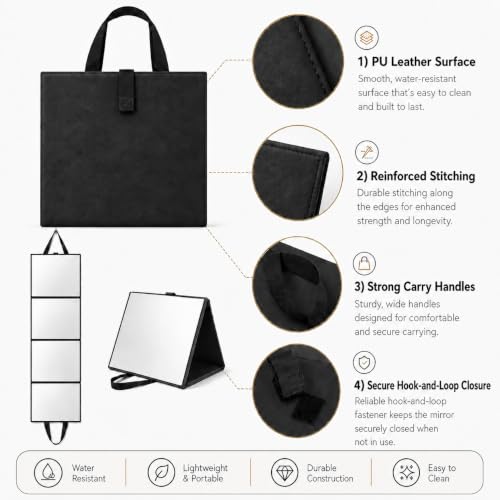 Adzyz Black Foldable Full Length Travel Mirror 39x11.6 Inch 3-Way Standing & Hanging Compact Design