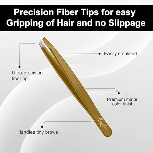 Matte Gold Eyebrow Tweezers Set - 4 Pcs with Fiber Tips for Women