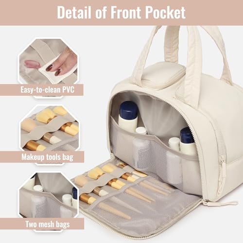 White Large Quilted Travel Toiletry Bag with Water-Resistant PVC & Mesh Pockets