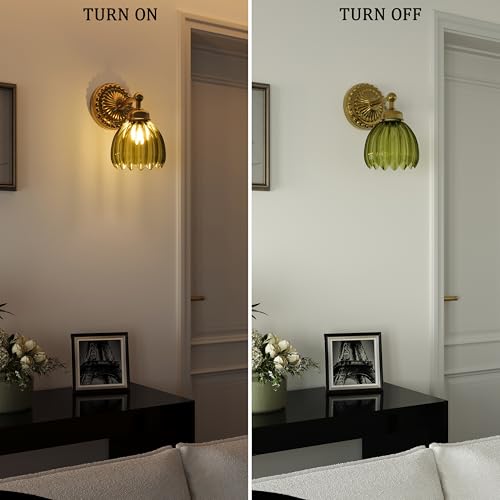 Gold + Green Tulip Glass Battery-Operated Wall Sconce 2-Pack - Vintage Wall Light with Remote & Dimming