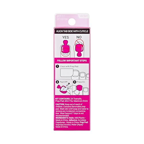 KISS Impress No Glue Mani 30 Pcs Press on Toenails, Hot Pink Stick on Extension False Nails for Toes, Peel & Press Easy Apply, Hassle-Free Removal, Includes Manicure Stick, Prep Pad & File