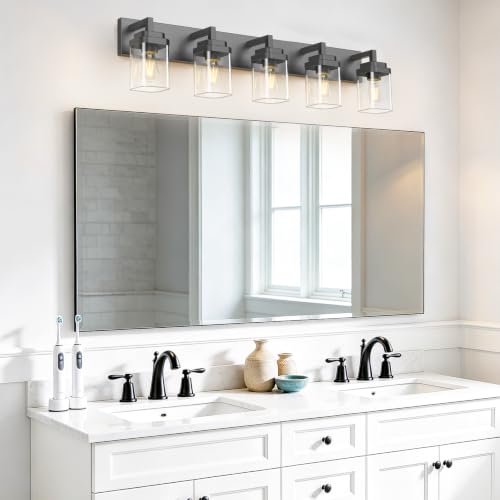 Matte Black Bathroom Light Fixtures - 5-Light Modern Vanity with Clear Glass Shades - Black / 5-Light