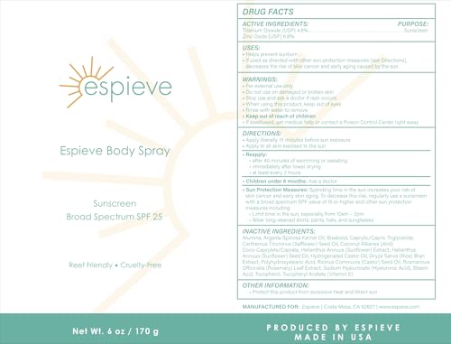 SPF 25 Sunscreen Spray for Face & Body Water-Resistant & Reef Friendly 6 oz