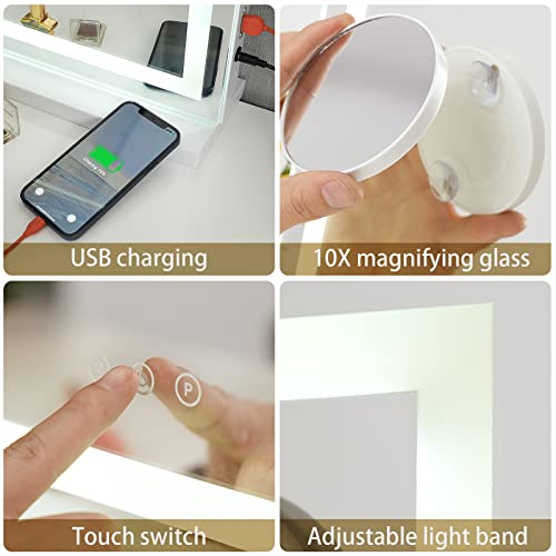 Sucedey Vanity Mirror with Lights, 23" x 19" Large Makeup Mirror with 3 Color Modes & Adjustable Brightness, Detachable 10x Zoom Mirror,Smart Touch Control,Plug in(Tabletop & Wall-Mounted)