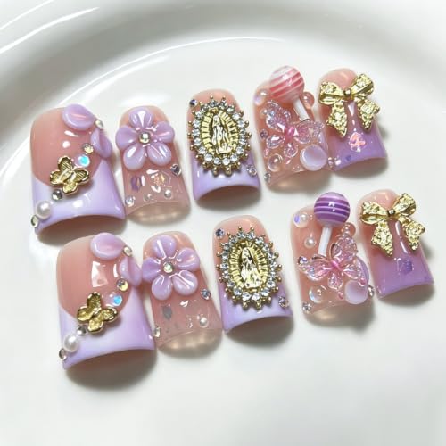 RIICFDD Handmade Duck-Shape Press On Nails - Medium Purple French Bow Variation of M