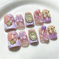 RIICFDD Handmade Duck-Shape Press On Nails - Medium Purple French Bow Variation of M