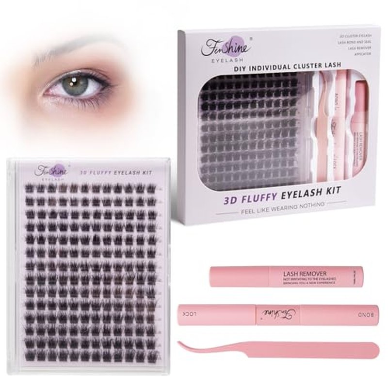 Fenshine Cluster Lashes Individual Lashes Wide Stem C/D Curl 9-15mm Length DIY Eyelash Extension Individual Soft False Lashes for Personal Use at Home (144pcs Mix 9-15MM, Eyelash Extension Kit)