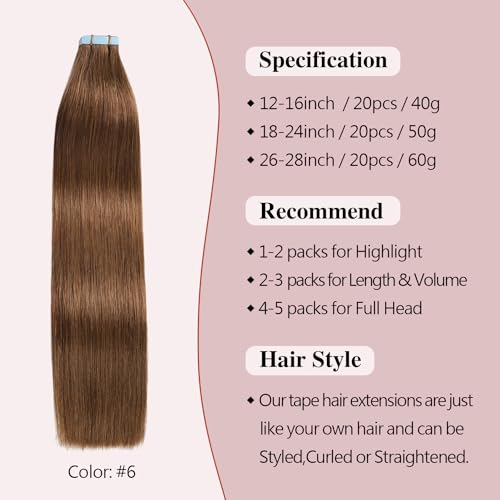 Sunya Tape-In Hair Extensions 14in Light Chestnut Brown #6 - 20 pcs, 40g (Remy Human Hair)