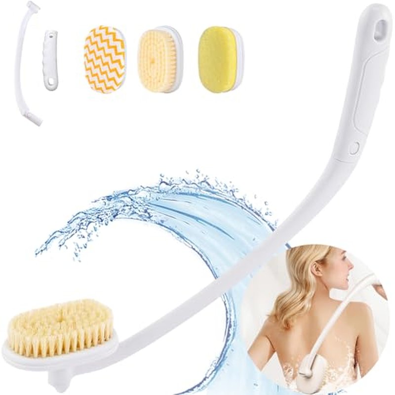 Celestite 20¡± Long Handle Shower Brush for Body, Back Scrubber for Shower with 3 Pcs Brush Heads, Exfoliation and Improved Skin Health Suitable for Women, Men, Elderly (White)