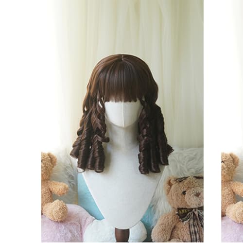 Vintage Lolita Costume Wig with Bangs & Spiral Curls - Deep Brown
