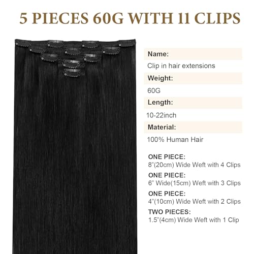 Clip in Remy Human Hair Extensions 20 Inch Straight Natural Black 1B - 5 Pack