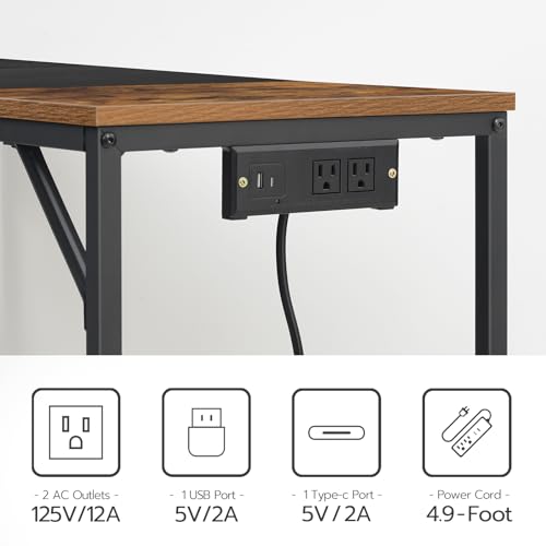 Small Computer Desk with Power Outlet & USB Ports - Rustic Brown + Black, 39.3W x 15.7D x 30.3H, Easy Assembly