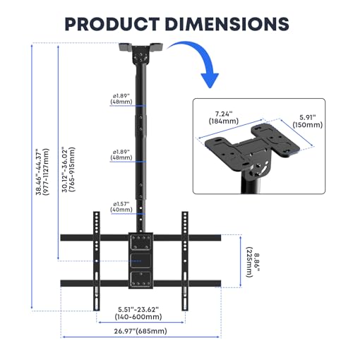 Ceiling Mount for 43-86 Inch TVs - Heavy Duty Universal TV Ceiling Bracket - Sloped & Flat Ceiling Compatible - Kid-Safe & Space Saving - 132 lbs Capacity