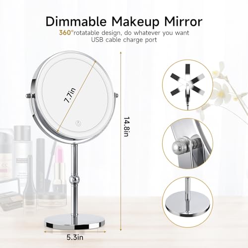 Rechargeable Double-Sided LED Makeup Mirror with 10X Magnification & Adjustable Brightness