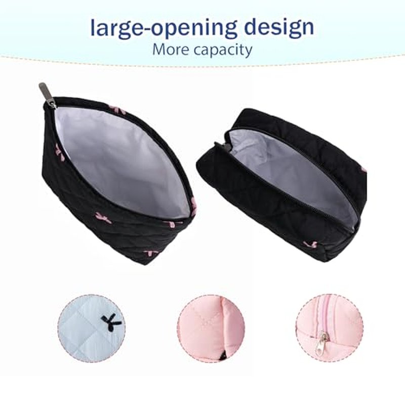 2Pcs Bowknot Makeup Bag Cute Bow Travel Cosmetic Bag Set for Women Girls Large Small Zipper Makeup Pouch for Purse Aesthetic Portable Toiletry Bag Organizer£¨Black£©