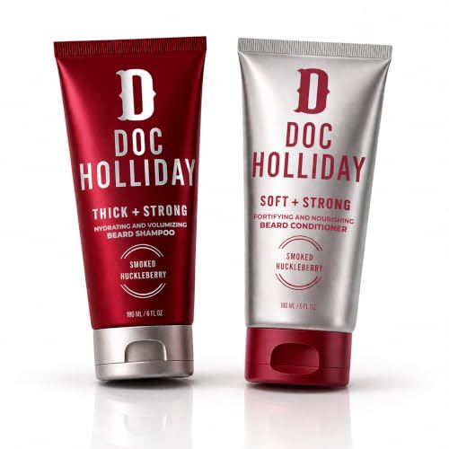 DOC HOLLIDAY Thick + Soft Beard Shampoo & Conditioner Set with Smoked Huckleberry Scent, 12 oz