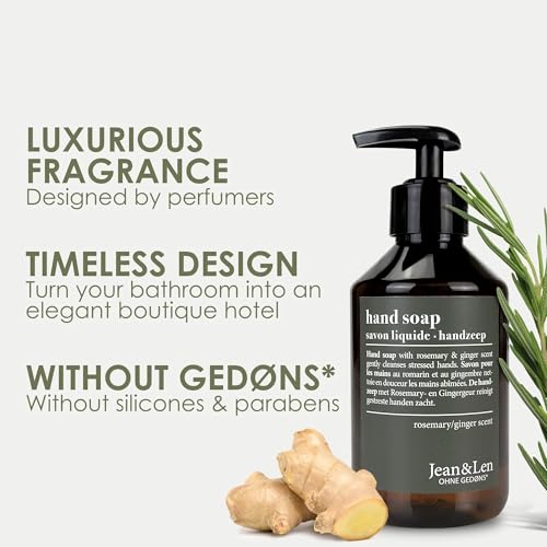 Jean & Len Hand Soap Rosemary & Ginger, gently cleanses stressed hands, suitable for daily use, liquid soap in pump dispenser, fresh and spicy fragrance 8.45 Fl. Oz.