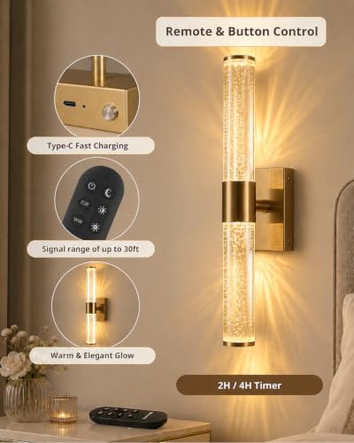 Guwikou Gold 15.7 Inch Battery Operated Wall Sconces Set of Two - Dimmable Wireless Wall Lights
