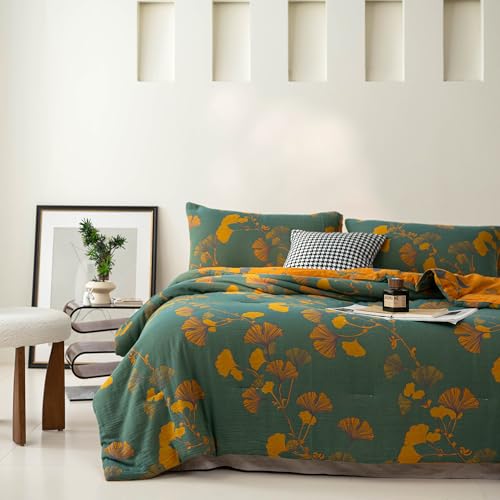 Purefair Green Yellow 100% Cotton Muslin Jacquard Comforter Set - King, Reversible Floral Ginkgo Print, All-Season Bedding