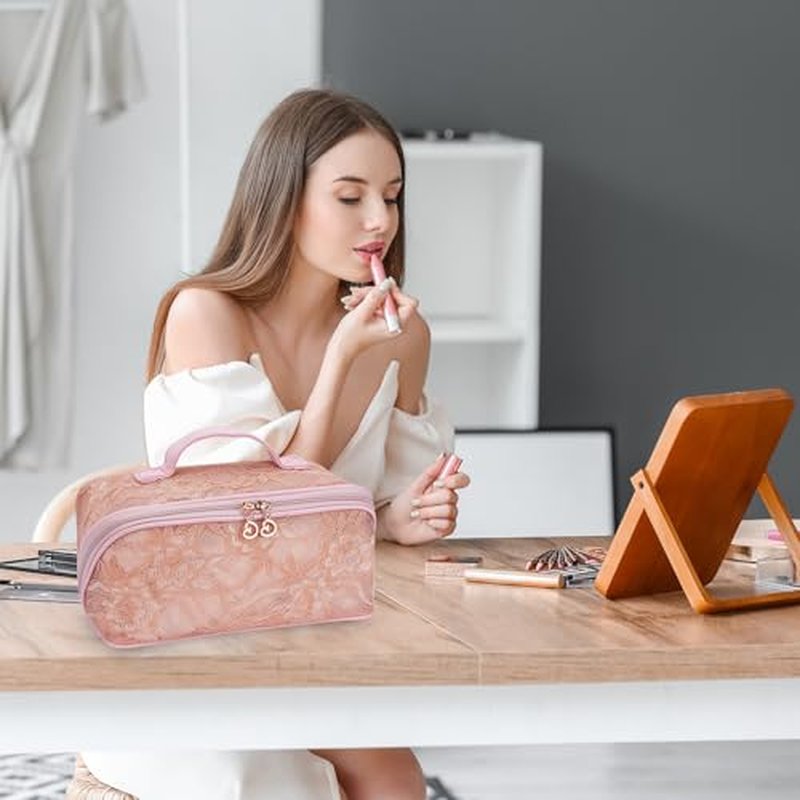 2026 New Makeup Bag for Women Girls,Lace Large Capacity Cosmetic Bag,Open Flat Travel Toiletry Bag,Hollow Out Makeup Organizer Bag With Divider and Handle(Pink)