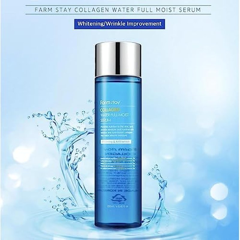 Farmstay Collagen Water Full Moist Serum 8.45 fl. oz/ 250ml | Moisturizing Serum with Hydrolyzed Collagen for Hydration and Elasticity, Korean Skin Care
