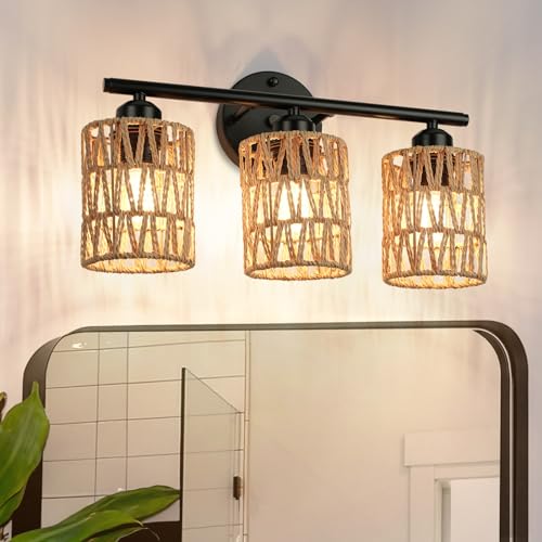 Bathroom Vanity Light Fixtures with Woven Rattan Shades - Matte Black Wall Sconces for Mirror, Bedroom, Living Room, Farmhouse Decor