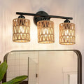 Bathroom Vanity Light Fixtures with Woven Rattan Shades - Matte Black Wall Sconces for Mirror, Bedroom, Living Room, Farmhouse Decor