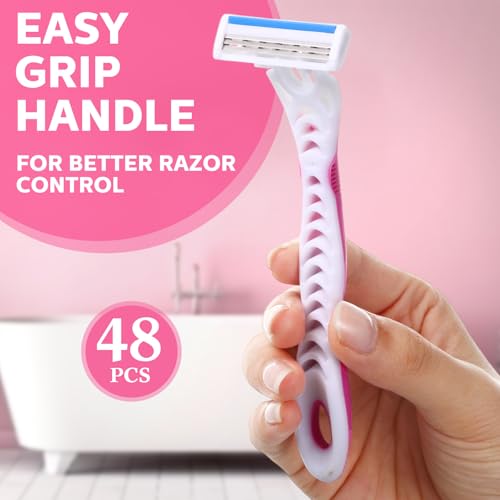 48 Women's Disposable Razor Blades Bulk - 3 Blade Safety Razors for Face & Body - Pink & White - Variation of THIS listing