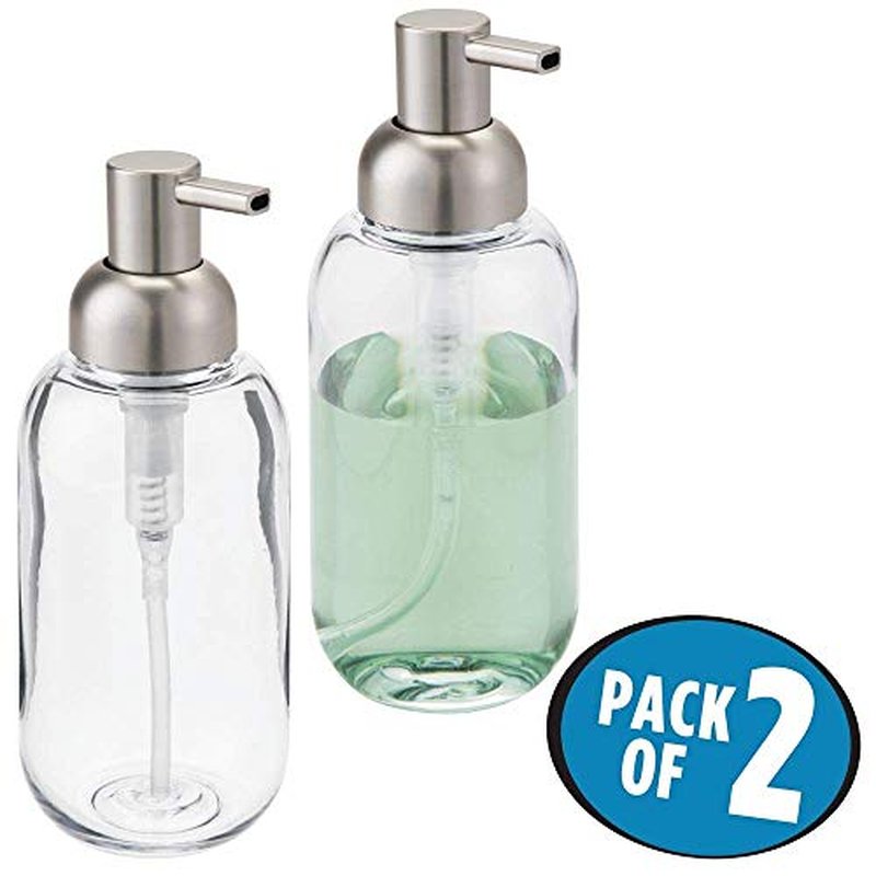 mDesign Round Plastic Refillable Liquid Soap Dispenser Pump Bottle for Bathroom Vanity Countertop, Kitchen Sink - Holds Hand Soap, Dish Soap, Hand Sanitizer, Essential Oils - 2 Pack - Clear/Brushed