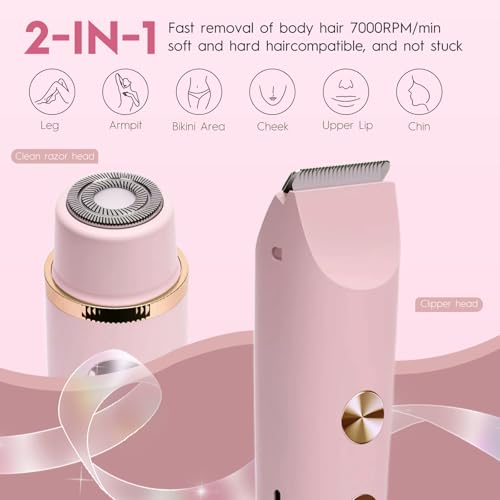 2-in-1 Women's Electric Shaver & Bikini Trimmer ? IPX7 Waterproof for Face, Legs, Underarms ? Wet/Dry Use ? Cordless Hair Removal for Sensitive Skin (Pink)