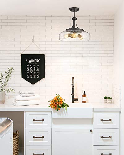 EAPUDUN Farmhouse Semi Flush Mount Ceiling Light - 3-Light Oil-Rubbed Bronze Pendant Fixture with Seeded Glass Shade