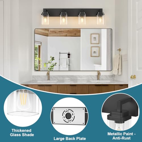 Matte Black Bathroom Light Fixtures - 4-Light Modern Vanity with Clear Glass Shades - Black / 4-Light