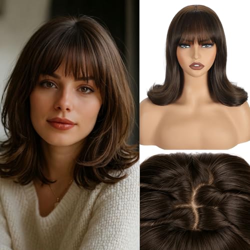 LEOSA Brown Highlights Short Bob Wig with Bangs, Realistic Scalp, Shoulder Length Wavy Layered Synthetic Hair for Women