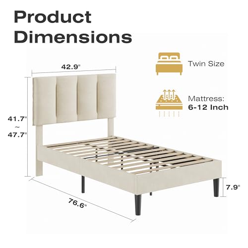 Twin Size Bed Frame with Upholstered Headboard - Pale Beige, Platform Design, Noise-Reducing, Easy Assembly