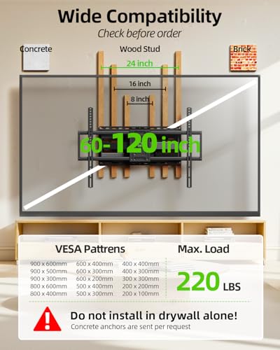 Heavy Duty Full Motion TV Wall Mount for 60-120 Inch Screens - Holds 220lbs, 28" Extension, Max VESA 900x600mm, Fits 12-24" Studs, Preassembled