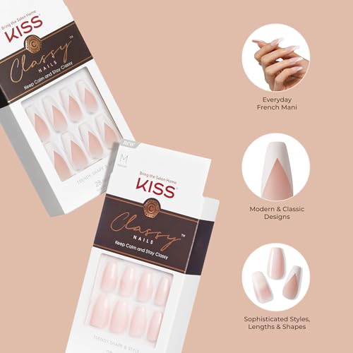 KISS Classy French Nail Manicure Kit with Gel Finish,Medium,Coffin Shaped,Includes Pink Nail Glue (Net Wt. 2 g / 0.07oz.),Mini Nail File,Manicure Stick, 28 Fake Nails,Cozy Meets Cute,28 Count