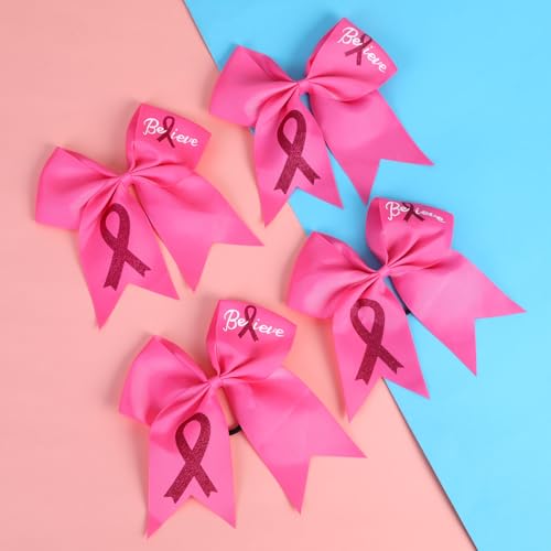 Pink Breast Cancer Awareness Cheer Hair Bows 24PCS 7-Inch Glitter Ponytail Holders