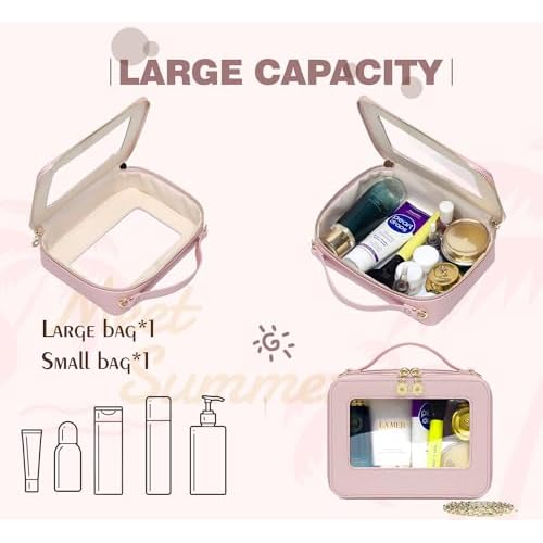 Waterproof Cosmetic Bag with Makeup Brush Bag, Leather Travel Makeup Bag with handle, Crossbody Shoulder Bag with metal detachable shoulder strap for Women (pearl pink)